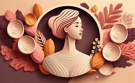 Autumn composition with woman face and leaves. Paper cut style. Vector illustration.の素材