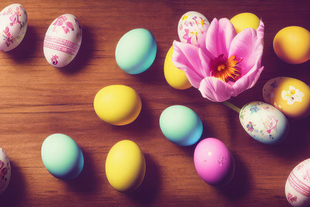 Colorful easter eggs and tulip flower on a wooden backgroundの素材