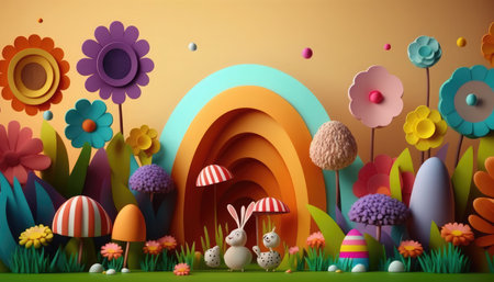 Easter background with eggs, flowers and bunny. 3d renderの素材