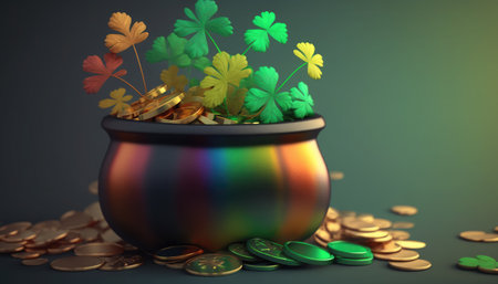 Pot full of gold coins and clover leaves. 3d illustrationの素材