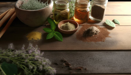 Herbs and spices on wooden table, closeup. Alternative medicineの素材