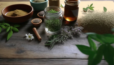 Herbs and spices on wooden table, closeup. Alternative medicineの素材