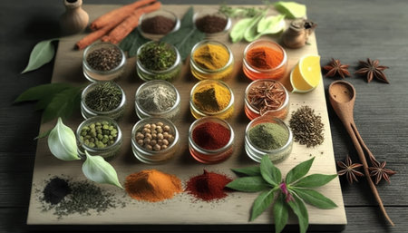 Spices and herbs in glass jars on wooden board, closeupの素材