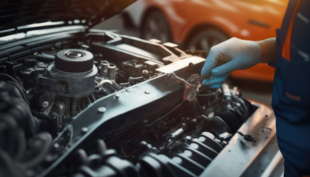 Auto mechanic checking oil level of car engine in auto repair service.の素材