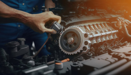 Auto mechanic working in auto repair service. Mechanic repairing car engine.の素材