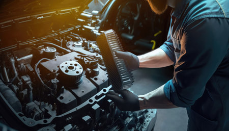 Car mechanic repairing car engine in auto repair shop. Car service and maintenance concept.の素材