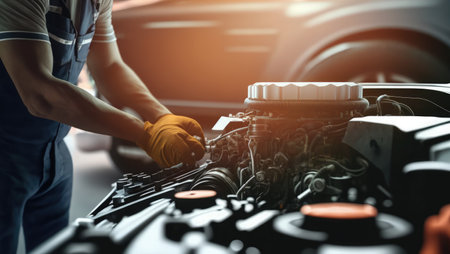 Auto mechanic working in auto repair service. Close-up of male hands in gloves checking car engineの素材