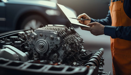 Mechanic working in auto repair service. Closeup of male hands using tablet computer while repairing car engineの素材