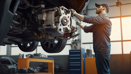 Mechanic repairing car in auto repair shop. Auto service industry.の素材