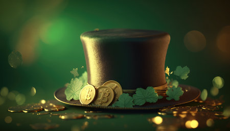 Top hat with gold coins and clover leaves on green background.の素材