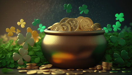 Pot of gold coins with clover leaves. St. Patrick's Day theme. 3D Renderの素材