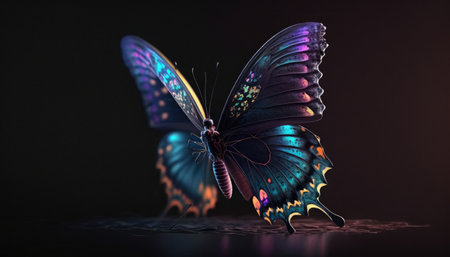 Beautiful butterfly on a dark background. 3d rendering, 3d illustration.の素材