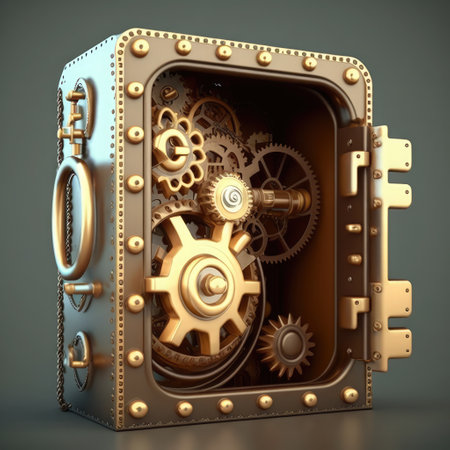 Gold metal safe with gears and cogs on a gray background. 3d illustrationの素材