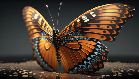 3D rendering of a beautiful butterfly on a dark background with copy spaceの素材