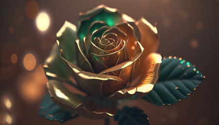 Golden rose with bokeh background. 3D illustration. Vintage style.の素材