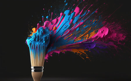 Paint brush with colorful paint splashes on dark background, closeupの素材