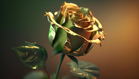 3d render of golden rose with green leaves on dark background.の素材