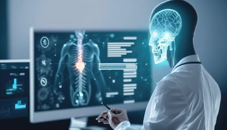 Doctor working with x-ray image of human body in medical officeの素材