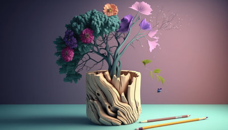 Wooden tree with pencils and flowers. 3D rendering.の素材