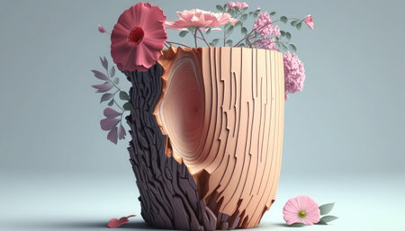 3d rendering of a wooden vase with flowers and branches.の素材