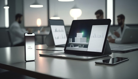 Laptop and smartphone on table in modern office. 3d renderingの素材