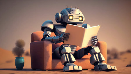 Robot reading a book in the desert. 3D rendering.の素材