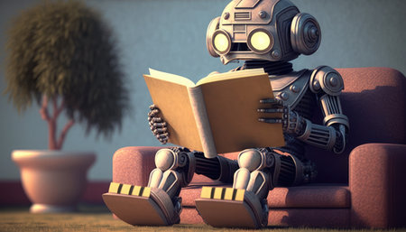 Robot reading a book. 3D render. Vintage style.の素材