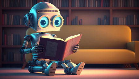 Robot reading a book in a library. 3D illustration.の素材