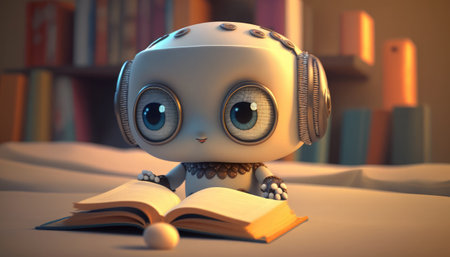Cute little robot reading a book. 3d render illustration.の素材