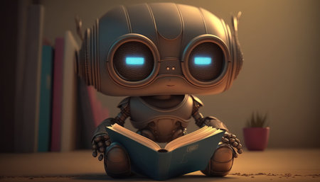 3D rendering of a robot reading a book in the dark roomの素材