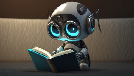Robot reading a book. 3d illustration. 3d rendering.の素材
