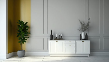 3d rendering of a modern living room with white cabinet and plantsの素材