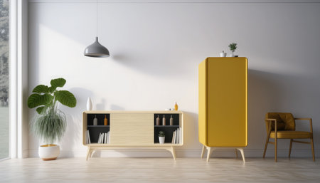 Interior of modern living room with white walls, wooden floor, yellow cupboard and yellow armchair. 3d renderingの素材