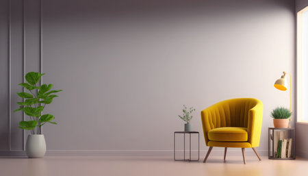 interior with yellow armchair and plant, 3d render illustrationの素材