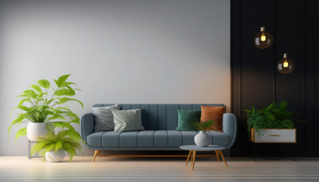 Interior of modern living room with gray walls, wooden floor, comfortable blue sofa and green plants. 3d renderingの素材