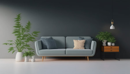 interior with blue sofa. 3d render illustration mock-upの素材