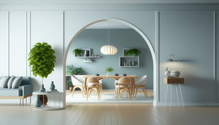 Interior of modern living room with round arch and furniture 3D renderingの素材