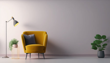 interior with yellow armchair and floor lamp, 3d renderの素材