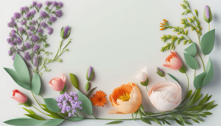 Flowers composition. Frame made of spring flowers. Flat lay, top view, copy spaceの素材
