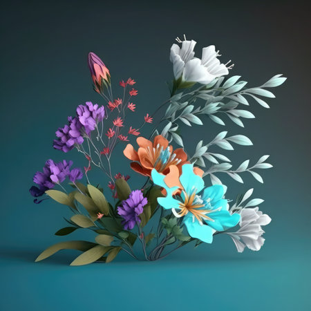 Bouquet of flowers on a blue background. 3d illustrationの素材