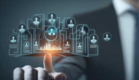 Businessman on blurred background using digital interface with his fingers 3D renderingの素材