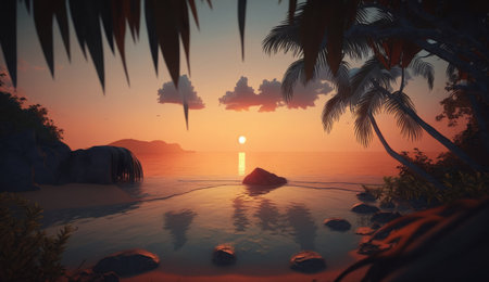 3D render of a beautiful sunset over the ocean with palm treesの素材
