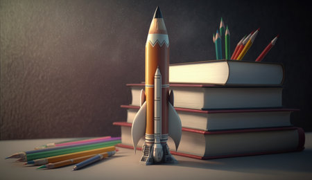 Education concept with rocket, books and pencils. 3d renderの素材