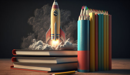 Rocket coming out of a pile of books. Education concept. 3D Renderingの素材