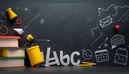 Back to school concept with school supplies on blackboard background 3D renderingの素材