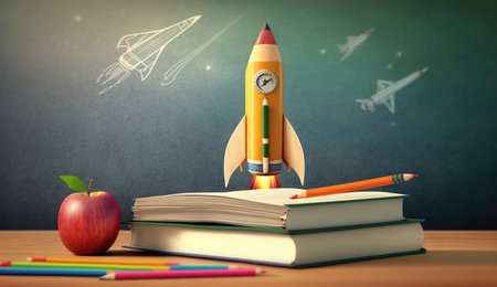 Back to school concept with rocket, books, pencils and appleの素材