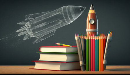 Back to school and education concept with rocket, books and pencilsの素材
