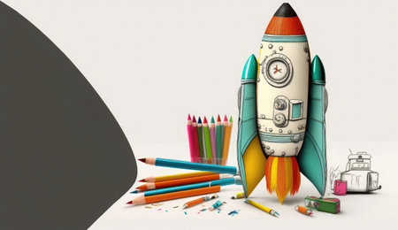 Rocket and school supplies on white background. Back to school concept. 3D renderingの素材