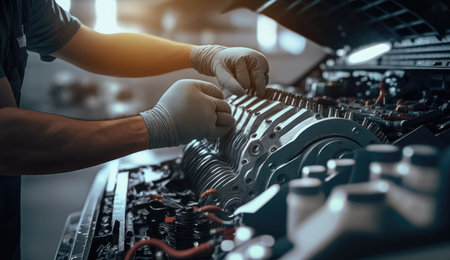 Auto mechanic repairing car engine in auto repair shop. Auto service industry.の素材
