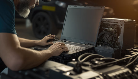 Car mechanic working on laptop computer in auto repair service. Car service industry.の素材